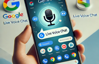 An Android smartphone screen showcasing Google's Gemini Live Voice Chat feature. The screen displays a voice chat interface with a microphone icon, ch