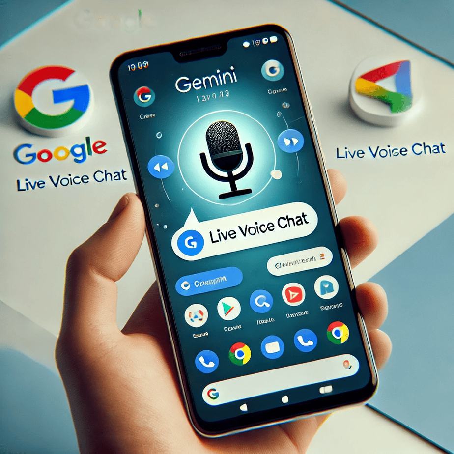 An Android smartphone screen showcasing Google's Gemini Live Voice Chat feature. The screen displays a voice chat interface with a microphone icon, ch